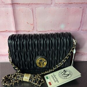 Valentino Orlandi Black Quilted Crossbody with Gold-Tone Chain